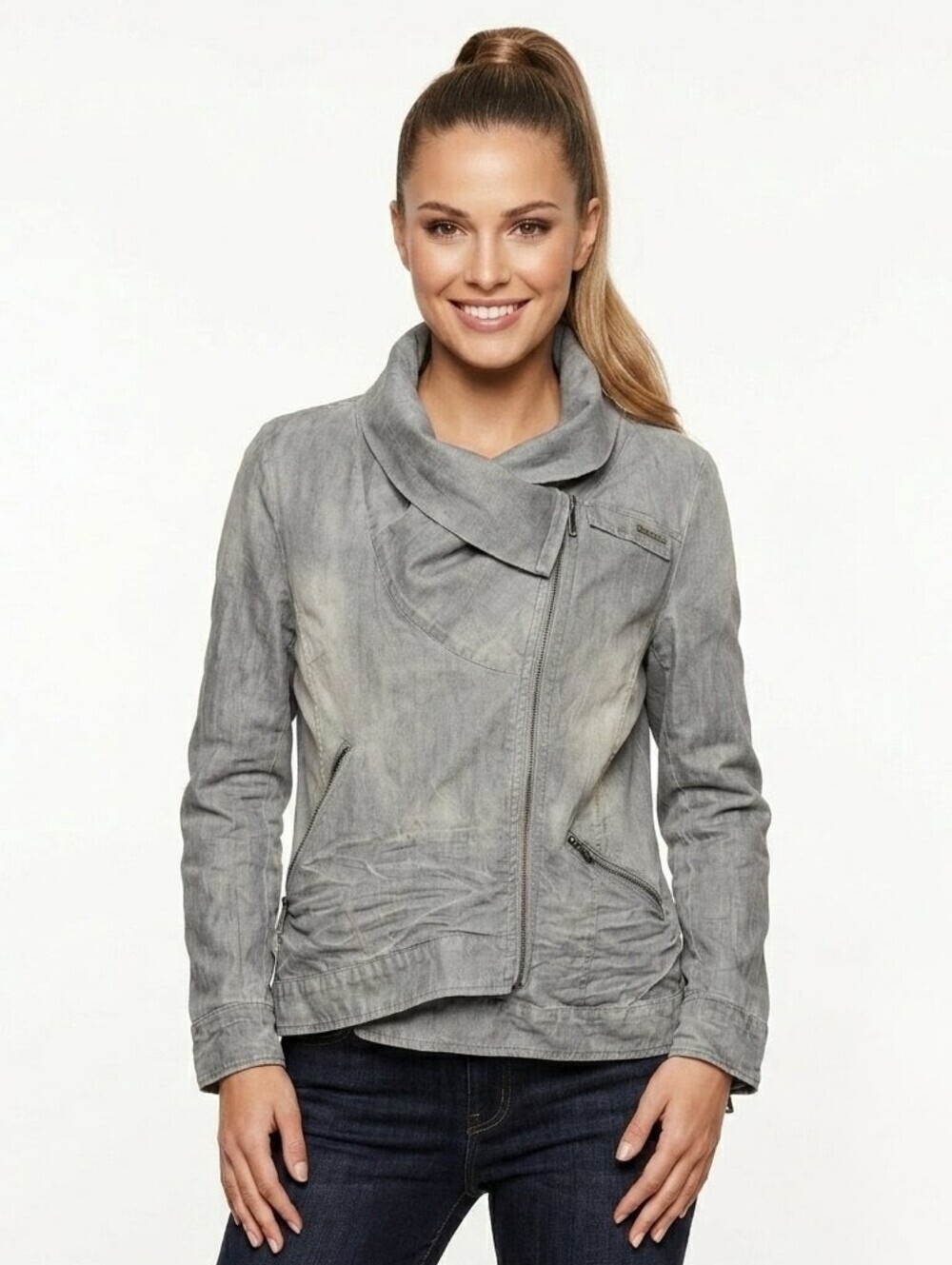 Cop-Copine French Vintage Gray Moto Blouson Asymmetric Zipper Jacket - Size 42
